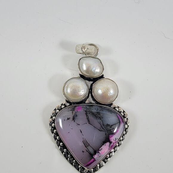 Handmade Silver Pendant with Pink Jasper Heart, Freshwater Pearls & 925 Setting - Picture 10 of 10